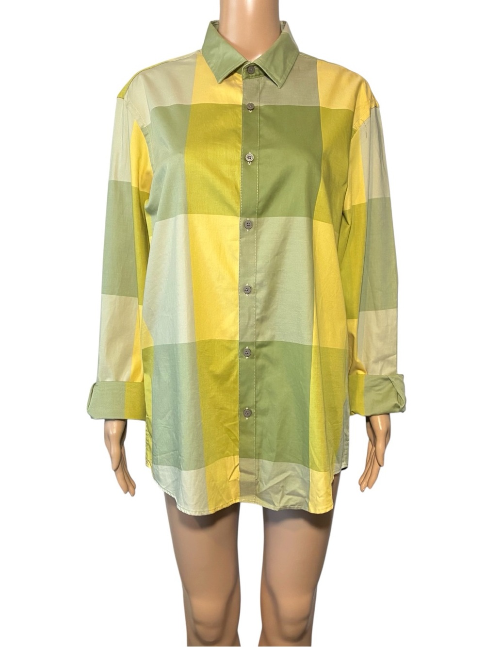 Alfani Men’s Shirt Size M Green Yellow Plaid 100% Cotton Long Sleeve Button Up